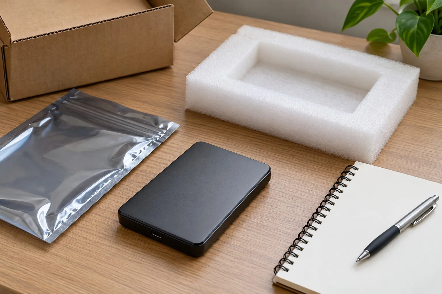 Externer Datenträger neben Antistatikbeutel, Schutzpolsterung, neutralem Notizbuch und Stift auf einem Tisch.